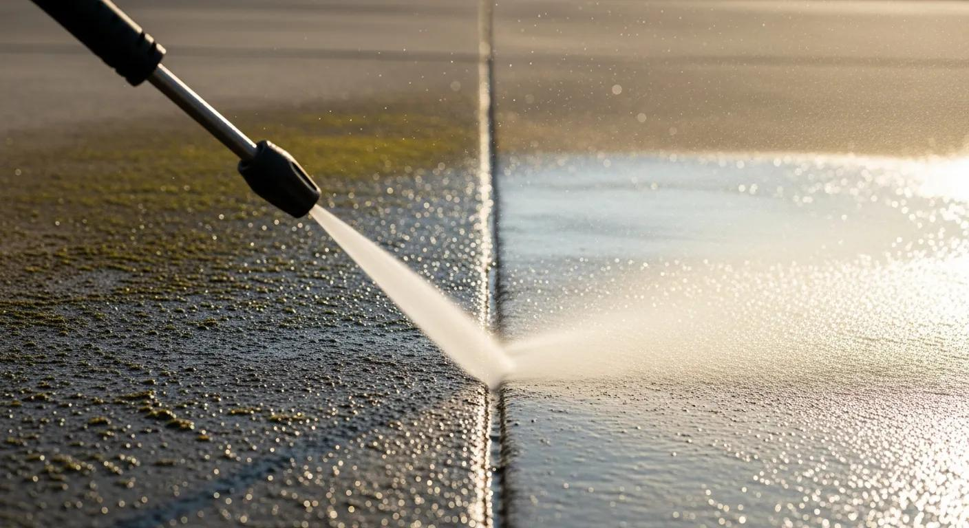 Pressure washer spraying water across a wet pavement, cleaning a surface in bright sunlight