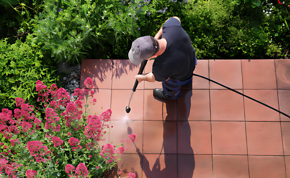 Person pressure washing a red-tiled patio; greenery and red flowers surround.