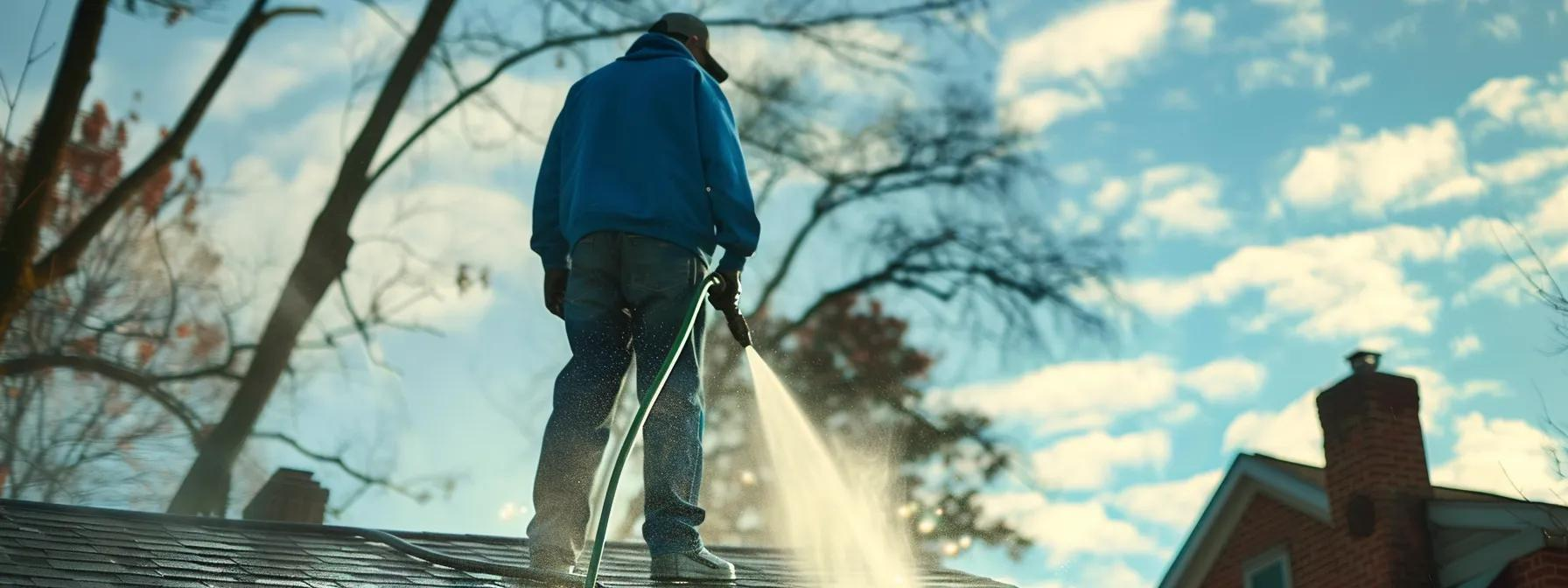 A man is cleaning the roof of a house with a high pressure washer.