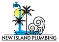 Logo: Faucet pouring water over palm trees, sun, and stylized waves; "New Island Plumbing" text.