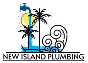 Logo: Faucet pouring water over palm trees, sun, and stylized waves; "New Island Plumbing" text.
