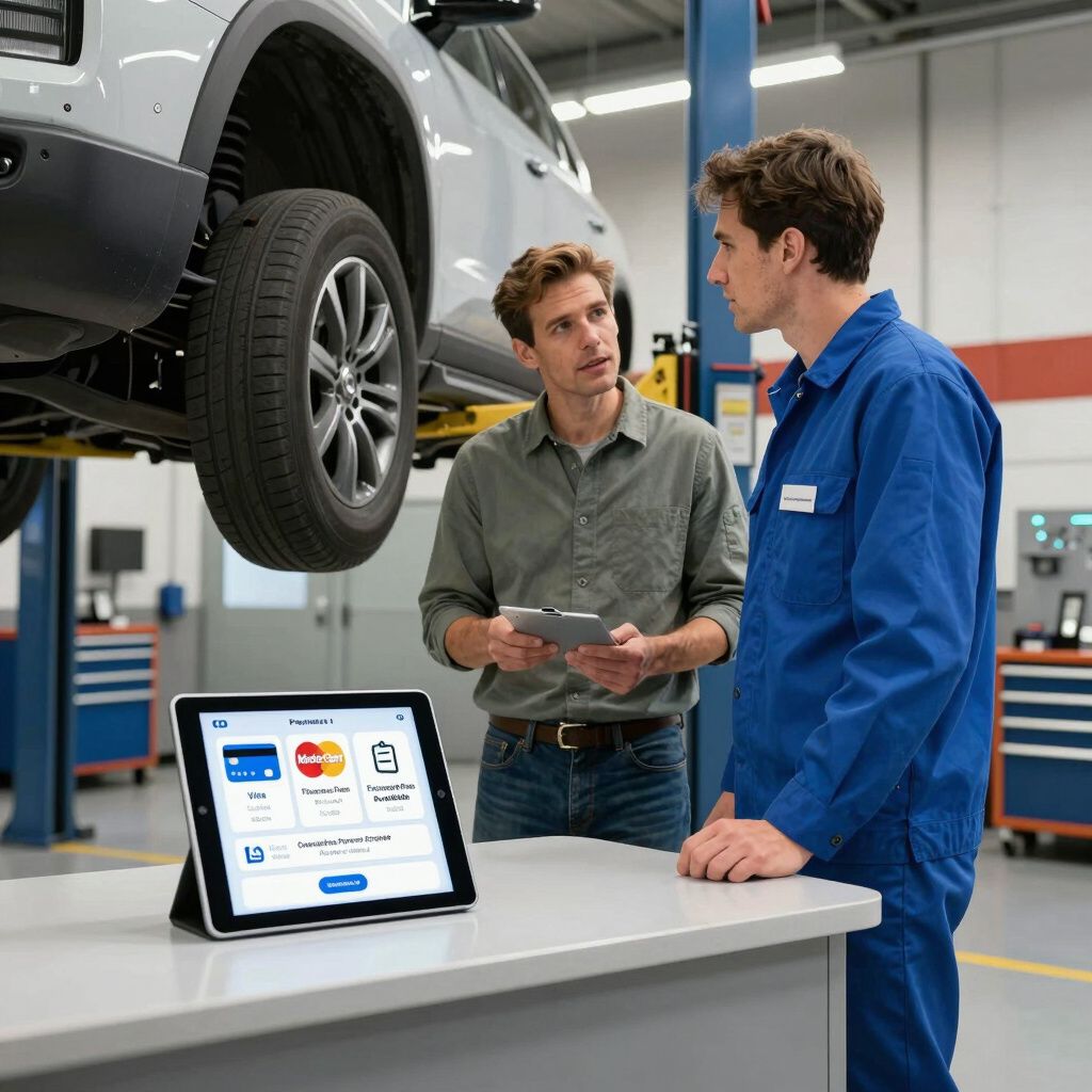 Man showing tablet to mechanic near a car on a lift in a shop. Payment screen visible.
