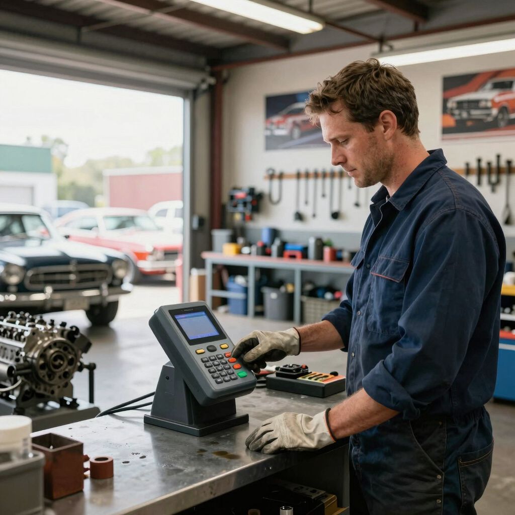 Mechanic in blue jumpsuit using diagnostic tool in auto shop.