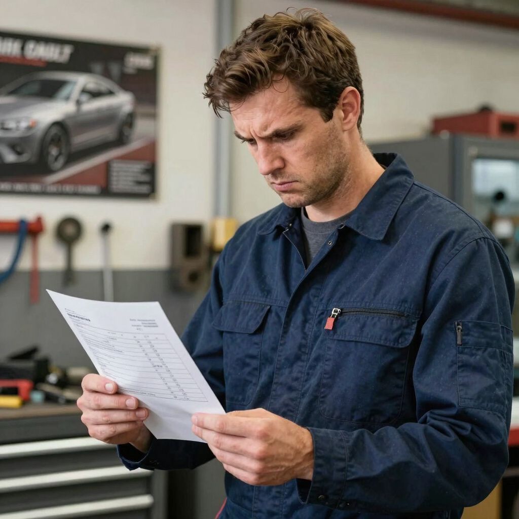 Mechanic in blue coveralls examines paperwork with a concerned expression in a garage.