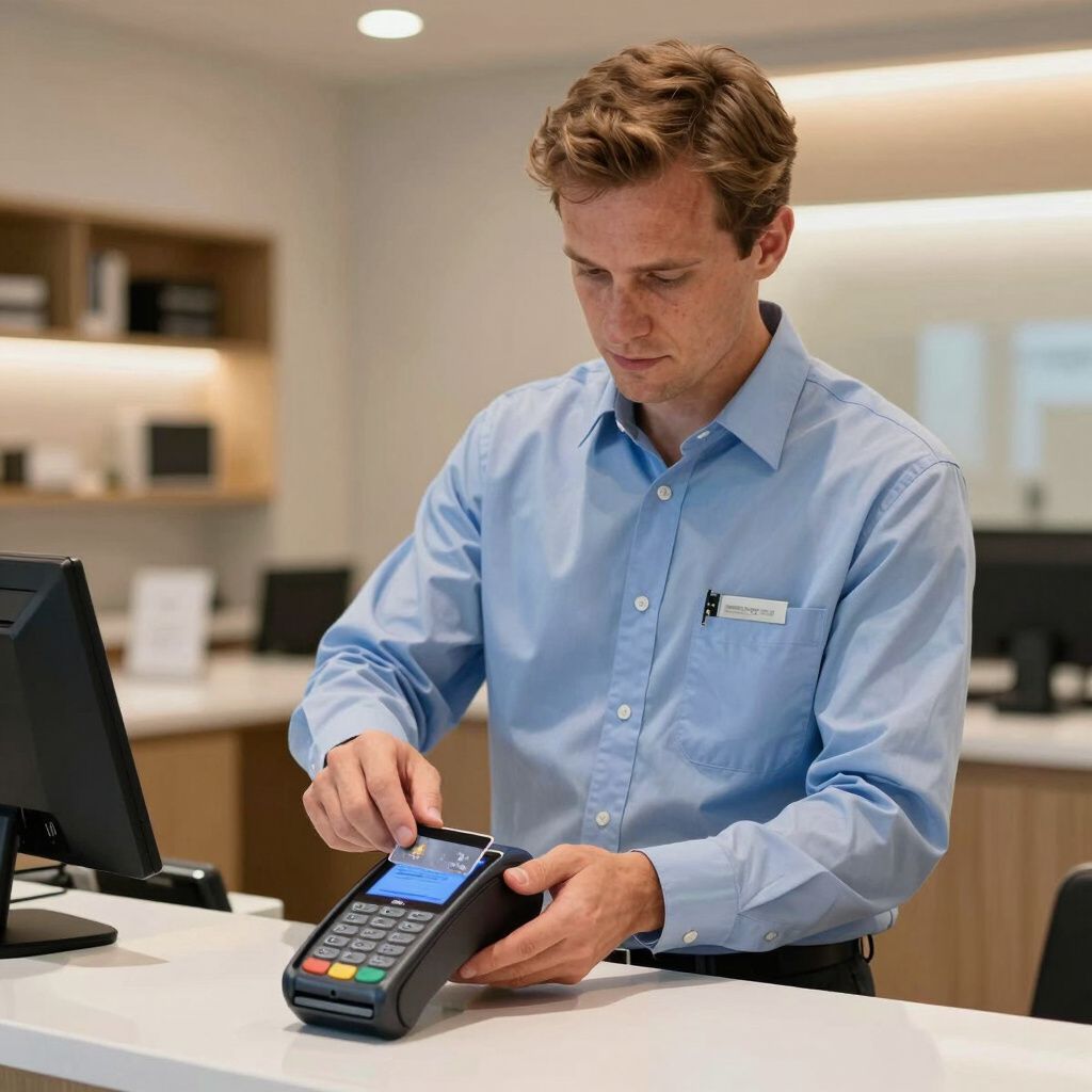 Man in blue shirt inserts card into payment terminal at a desk, indoors.