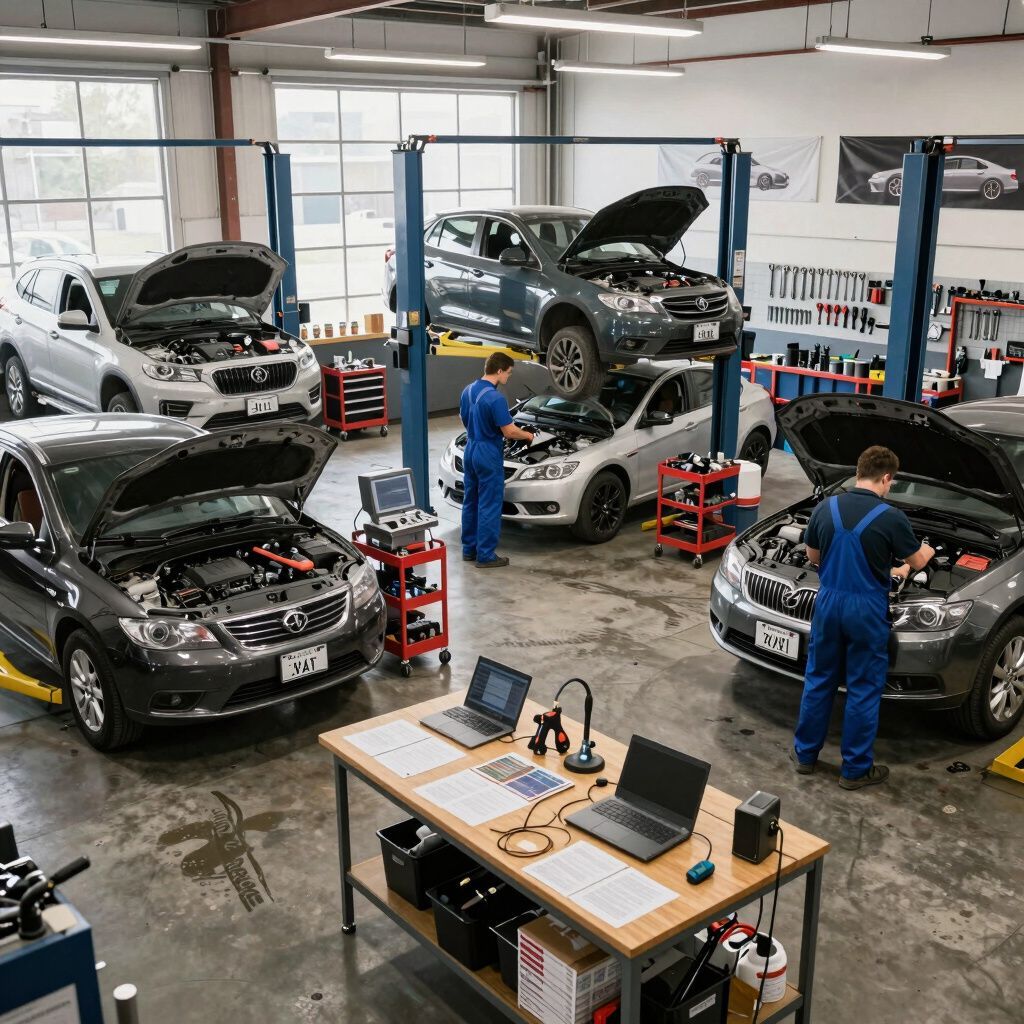 Auto repair shop with several cars, mechanics working, and diagnostic equipment.