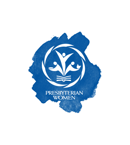 A logo for presbyterian women with a blue background