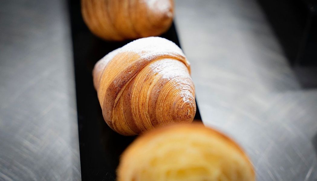 Su un vassoio si trovano pasticcini assortiti cosparsi di zucchero a velo, di cui uno in primo piano.