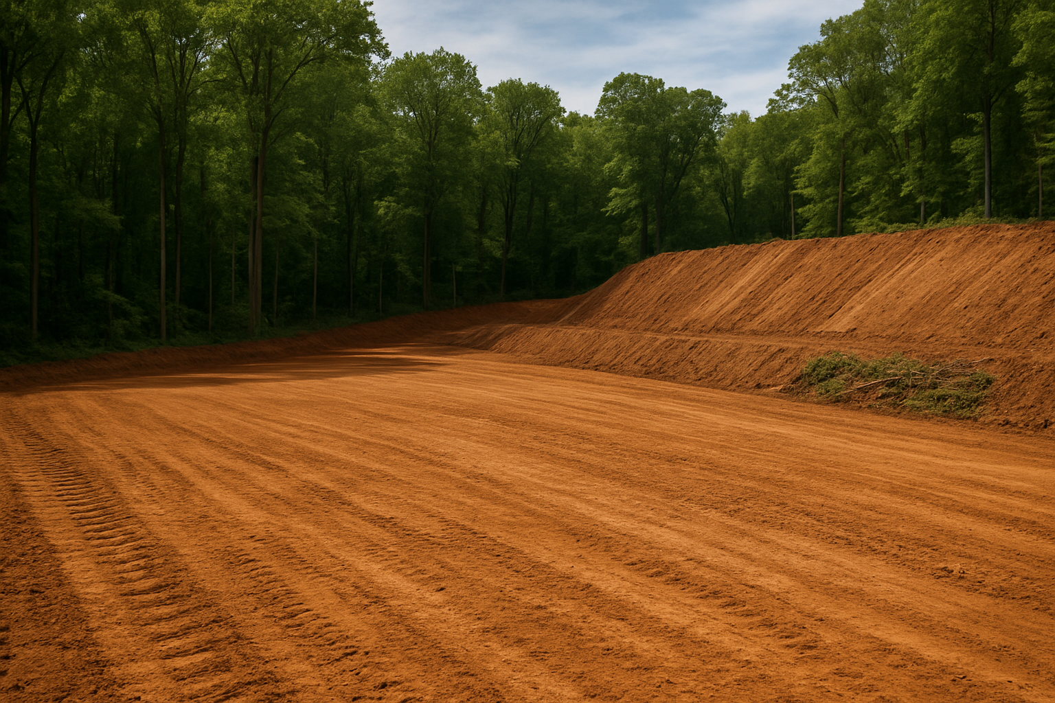 A large dirt field with trees in the background