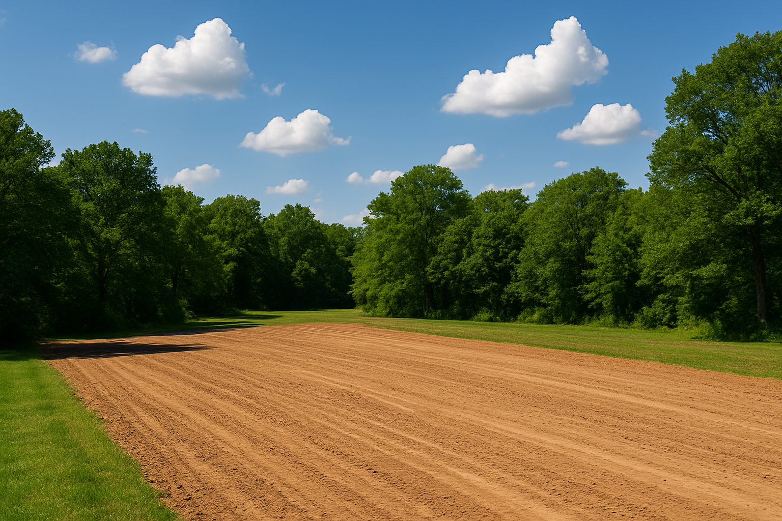A cleared dirt field with trees in the background