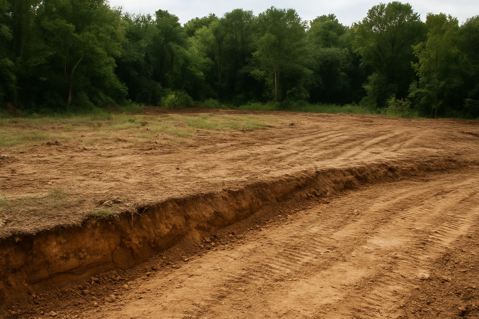 A dirt field with trees in the background.