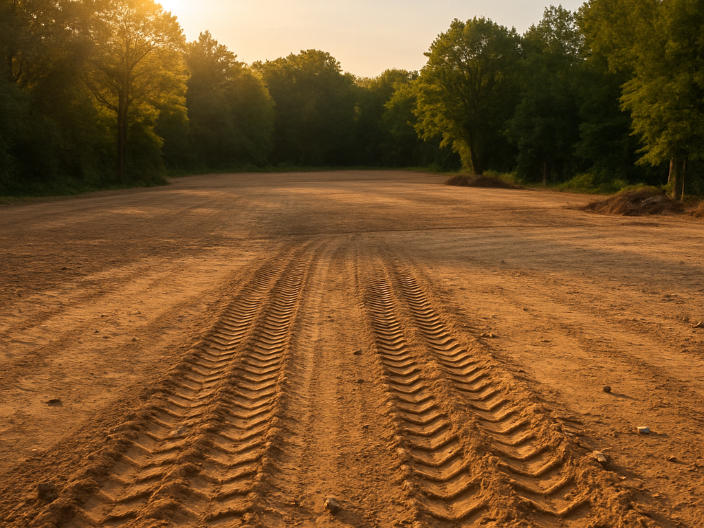 A dirt road with tire tracks and trees in the background