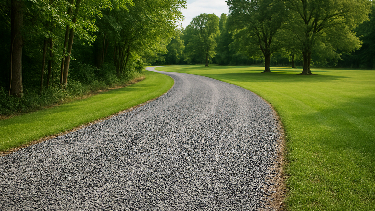 A gravel road winds through a lush green field