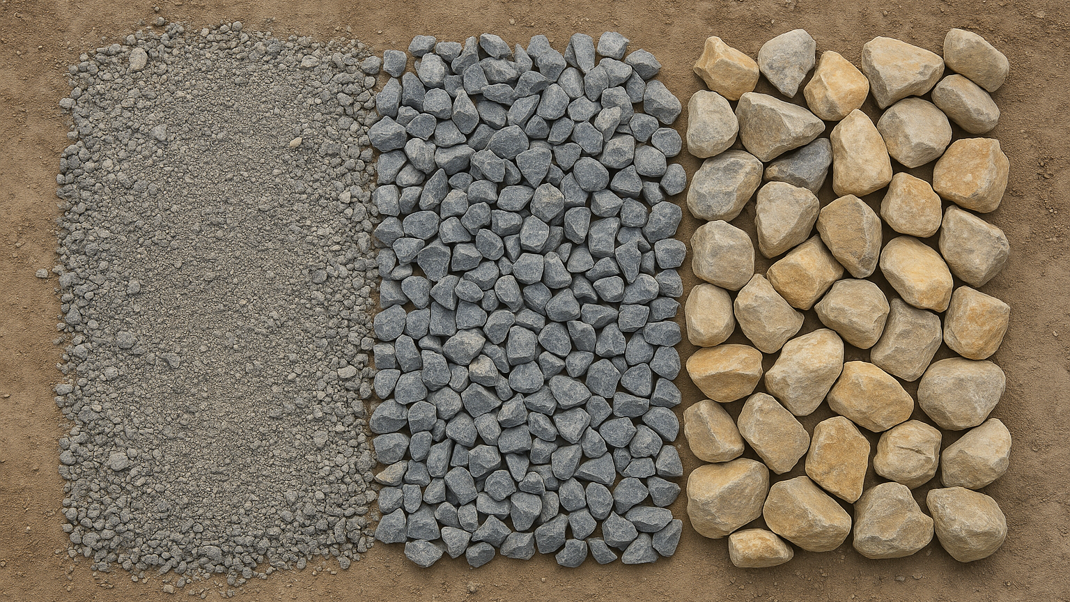 Three different types of rocks are laying on the ground