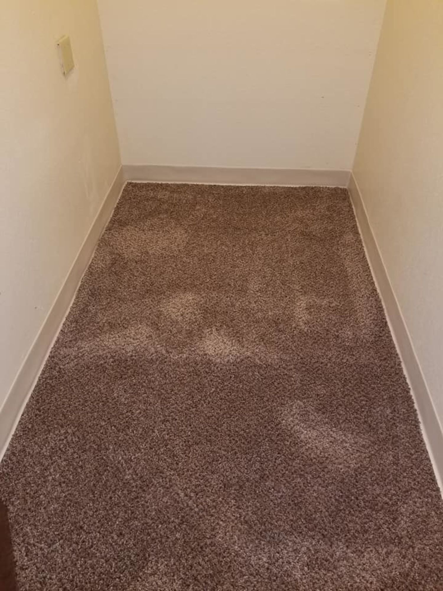 A small room with a brown carpet and white walls.