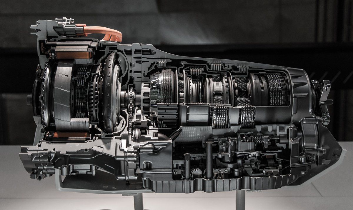 Isolated vehicle transmission with cutaway showing internal parts