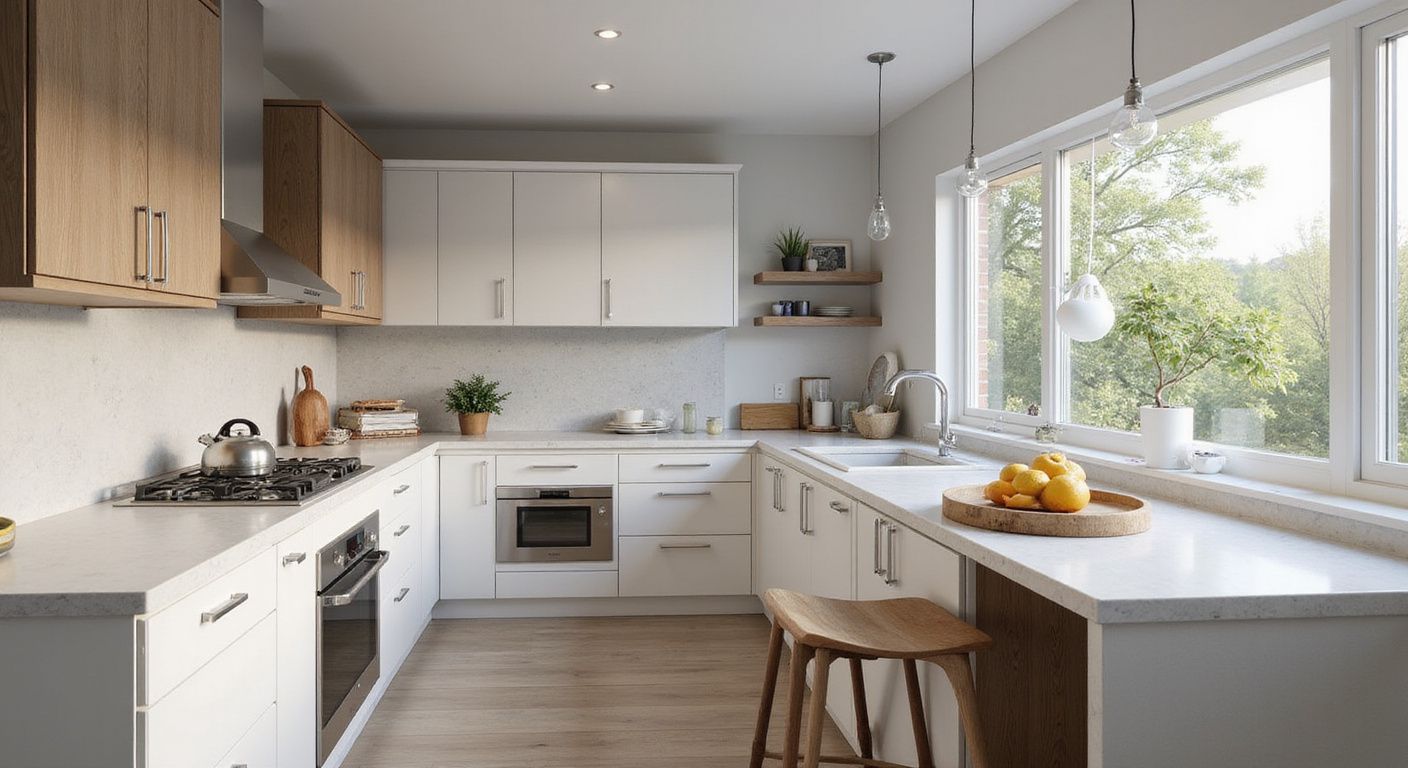 Modern white kitchen with wood accents, large window, and fruit.