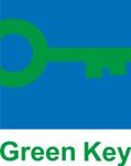 The green key logo is on a blue background