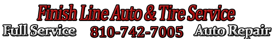 Logo for Finish Line Auto & Tire Service. Features company name, phone number, and "Full Service," "Auto Repair."