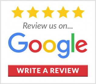 Five yellow stars above a Google review prompt with a red