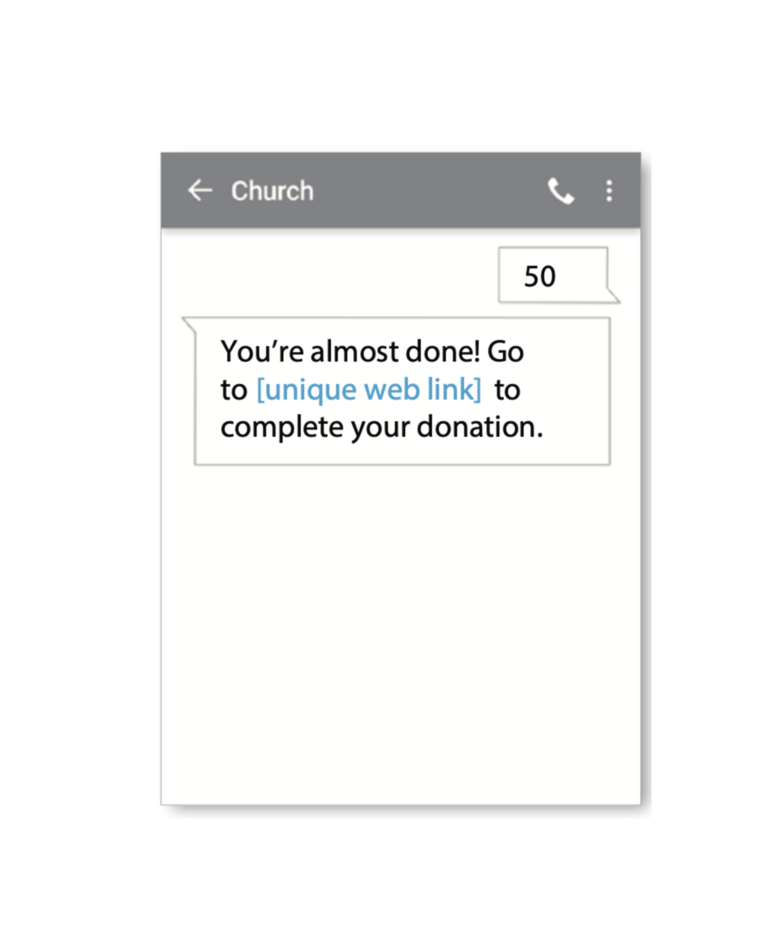 A phone screen shows a message from a church asking you to complete your donation.