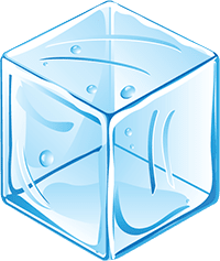 Un cubo de hielo azul con gotas de agua