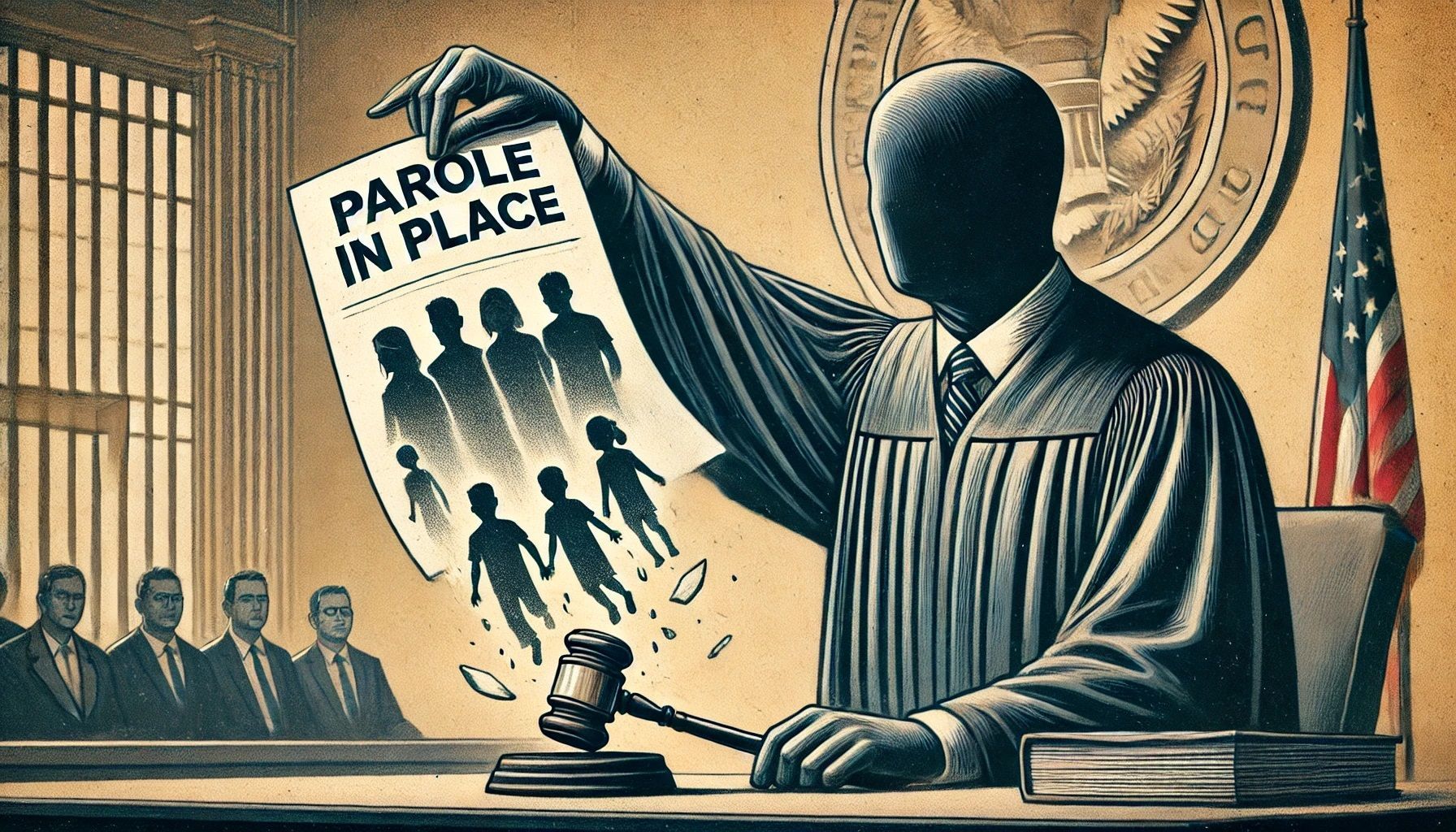 A judge holding a piece of paper that says parole in place