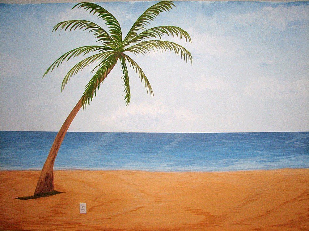 palm tree, mural, wall mural, beach, ocean, sky