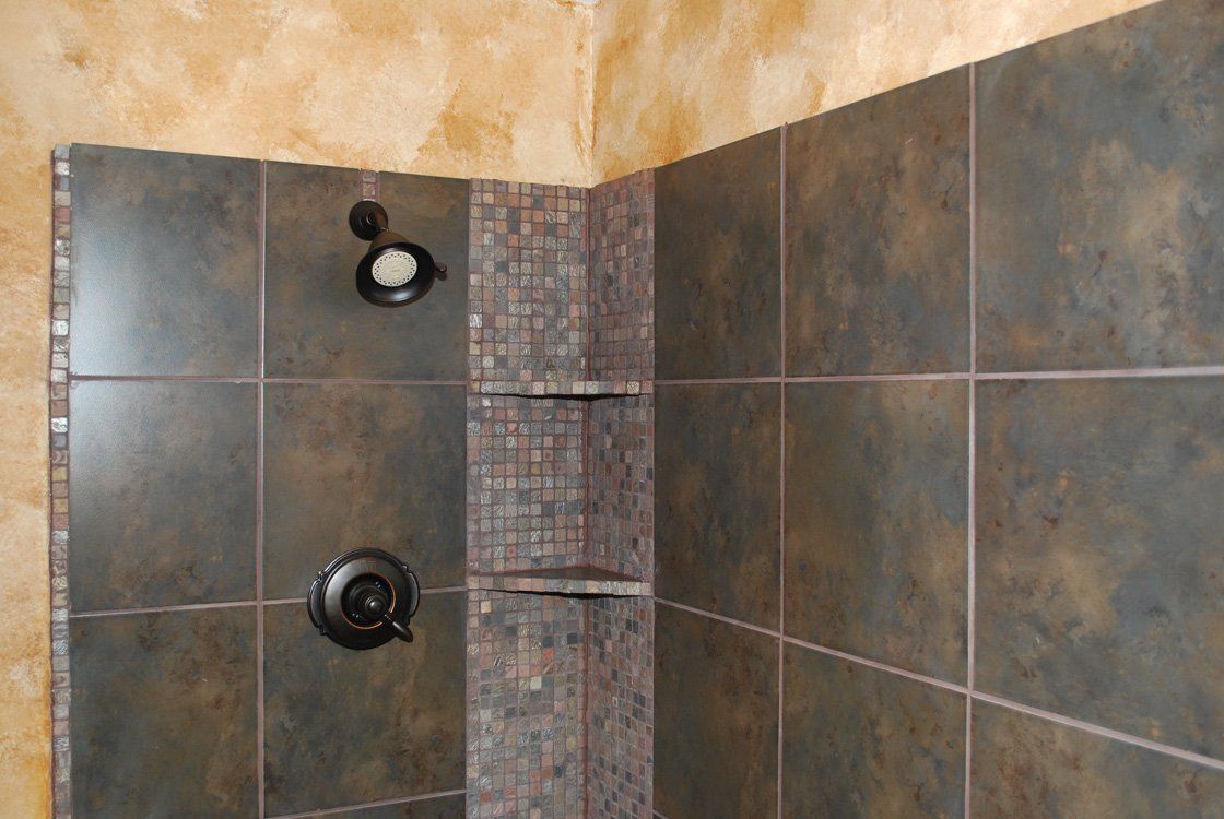 mosaic tile shower, bathroom remodel, soap shelves,