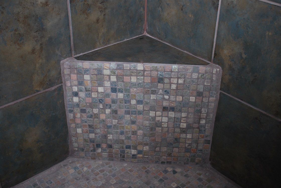mosaic tile shower, bathroom remodel, corner bench