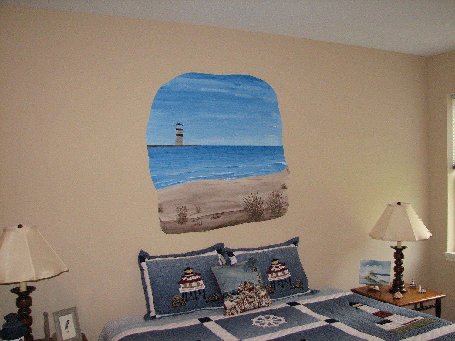 lighthouse mural, beach, ocean waves, home decor