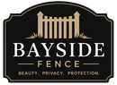 Bayside Fence Logo with Black and Gold Sign Emblem, Fence Graphic, Tagline, and Company Name in Bayside, WI