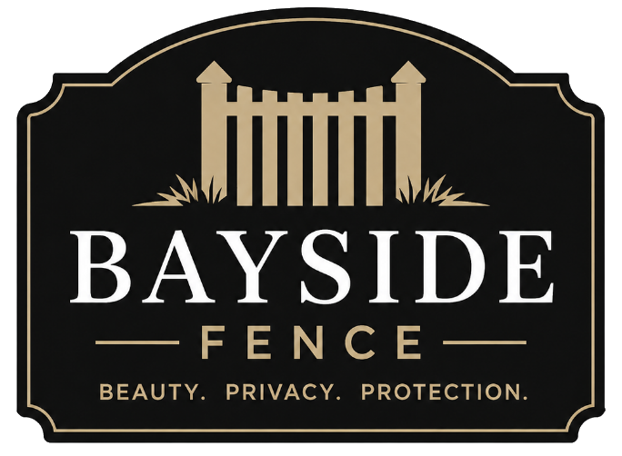 Bayside Fence Logo with Black and Gold Sign Emblem, Fence Graphic, Tagline, and Company Name in Bayside, WI