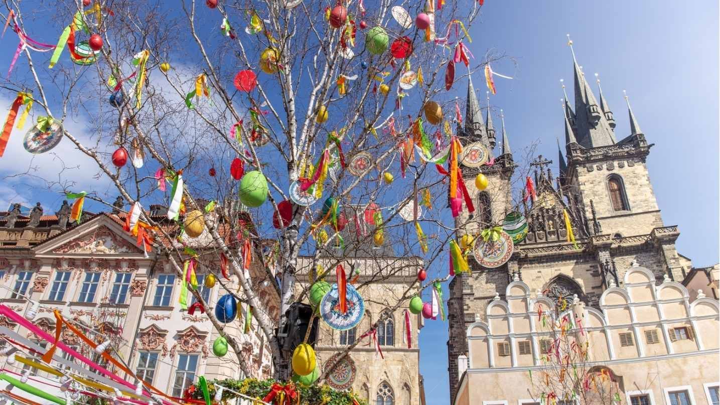 Easter decorations and markets outside a city centre cathedral