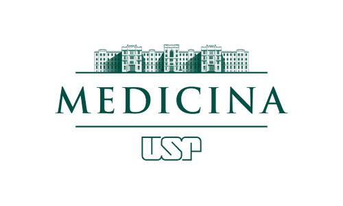 Logotipo da medicina usp com prédios ao fundo