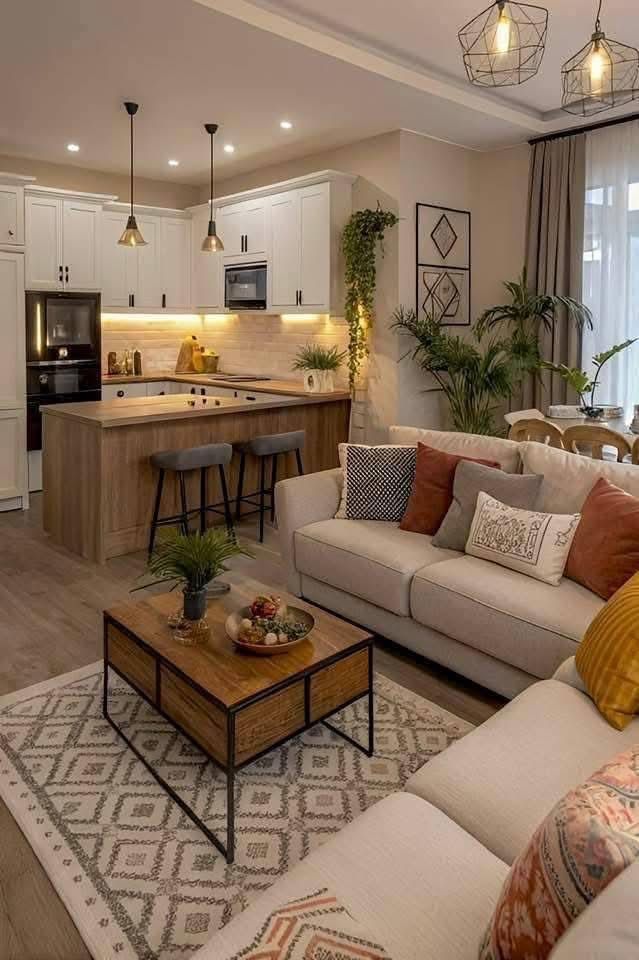 Cozy living room with beige sofa, wooden kitchen island.