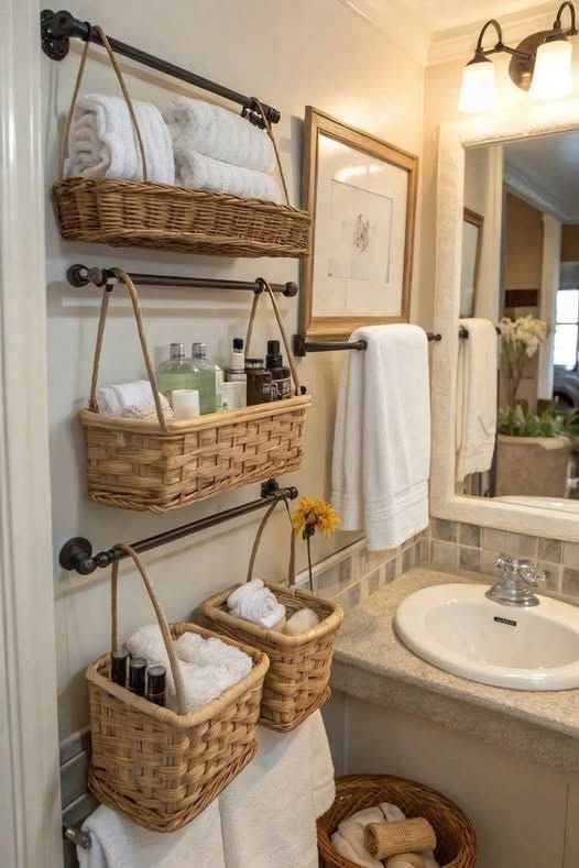 Bathroom with wicker baskets hanging for storage, towels, and toiletries.