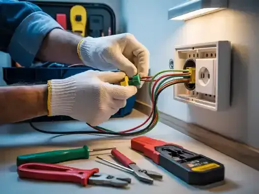 Electrician connecting wires to an electrical outlet; tools and case nearby.