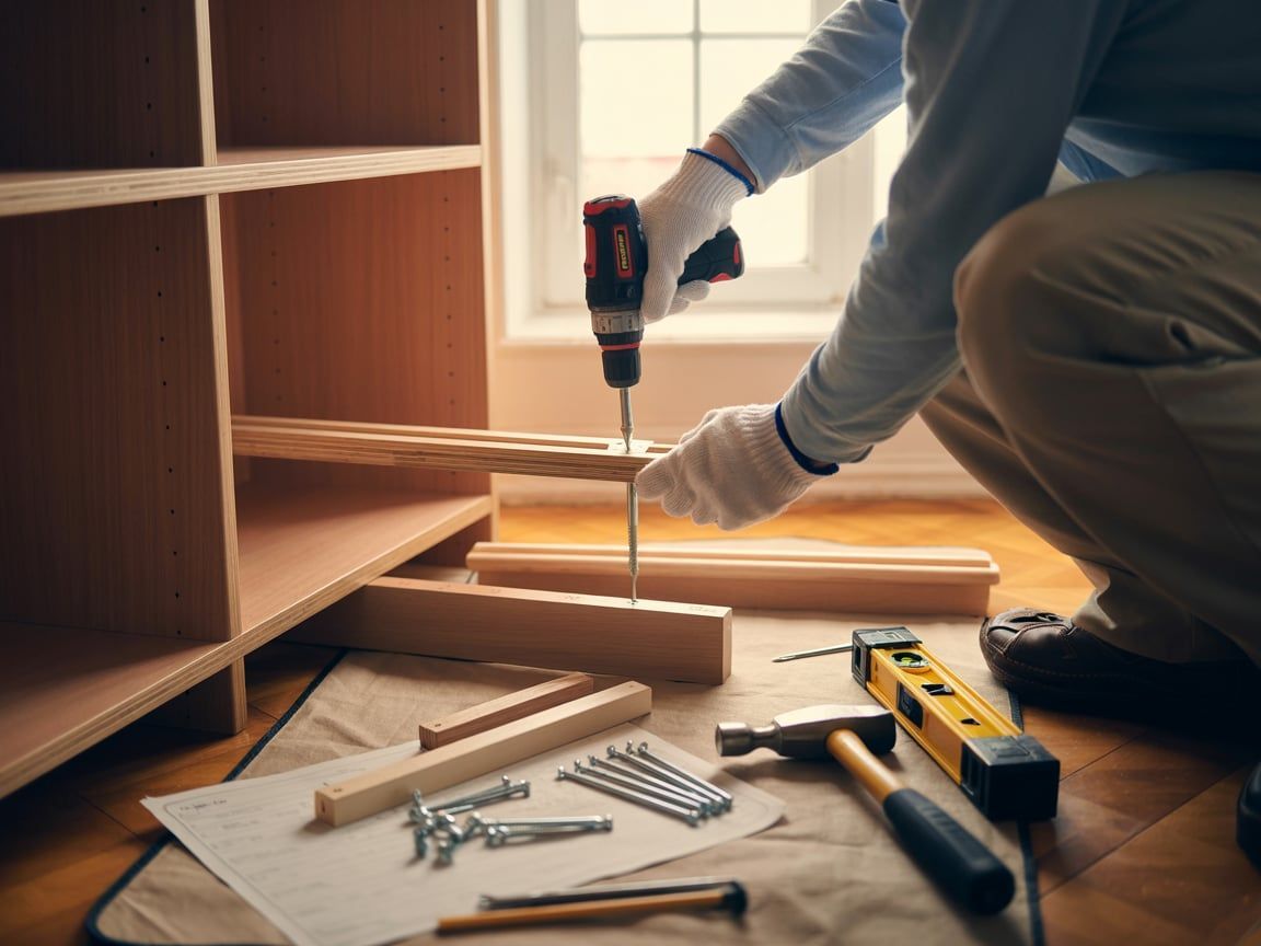 Person assembling wooden bookshelf with a drill and tools on a mat near a window.