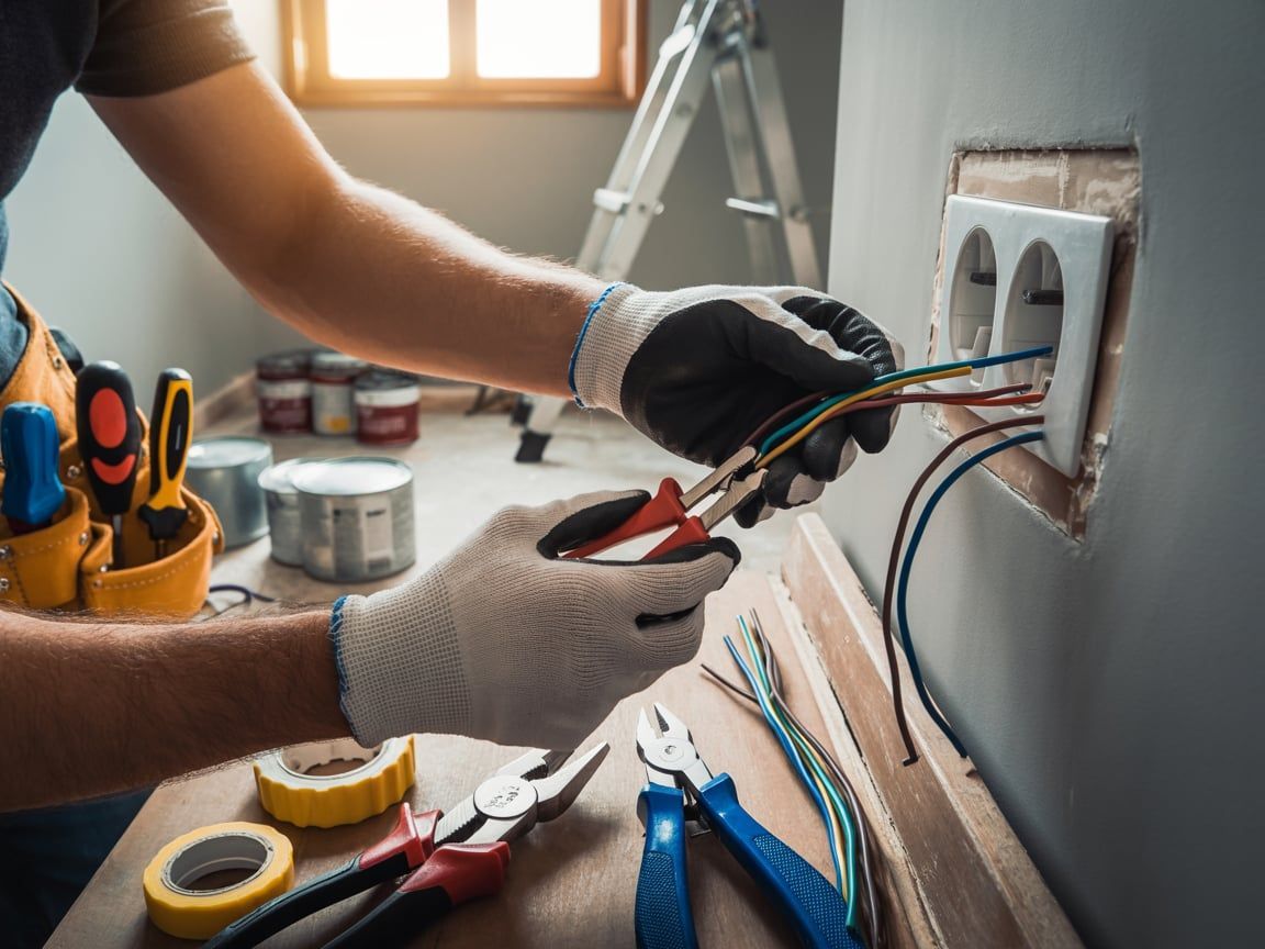 Electrician wiring electrical outlet with pliers in a room, tools and supplies visible.