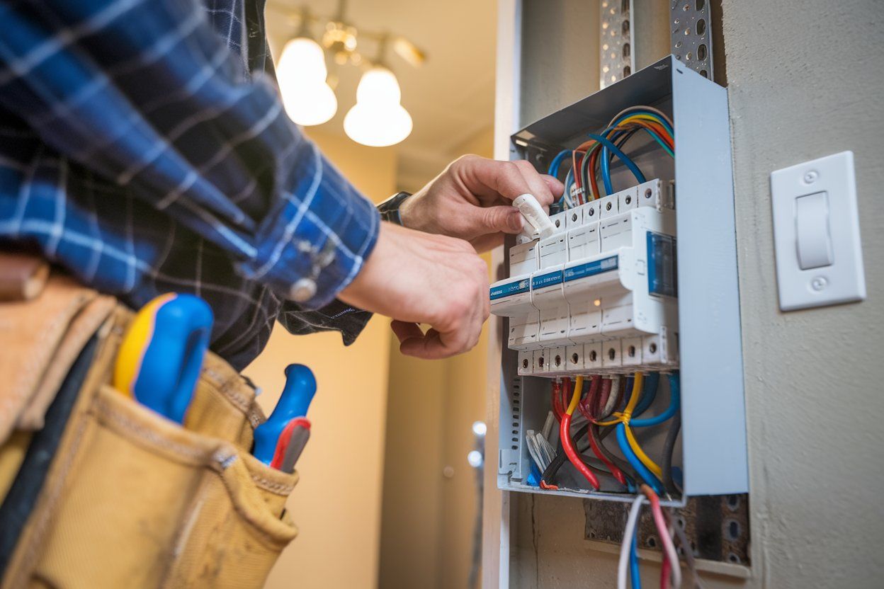 An electrician is working on an electrical box in a house.