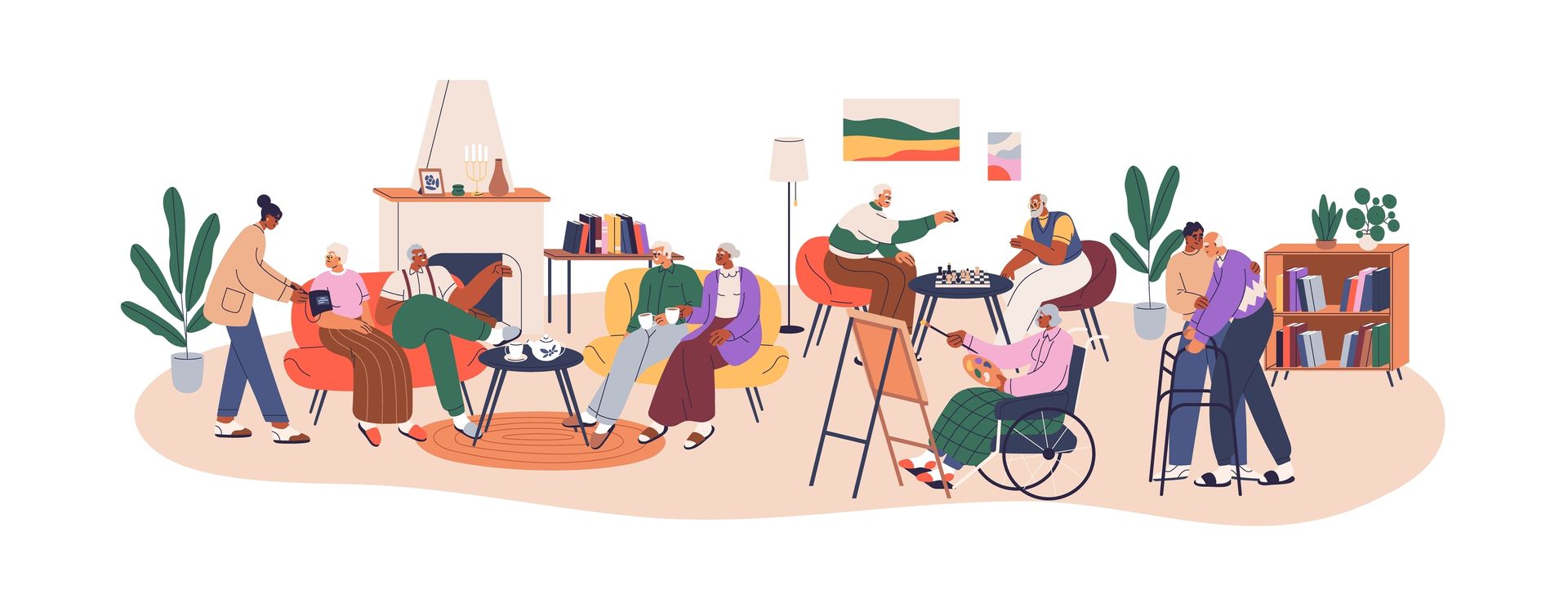 A group of people are standing around a fireplace in a living room.