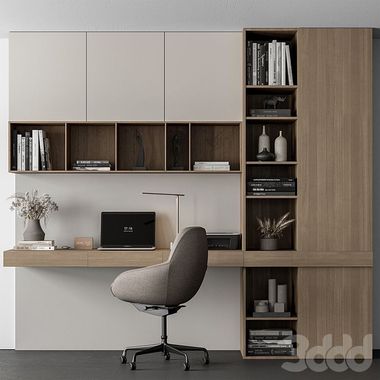 Modern home office: desk with laptop, chair, shelves, and storage cabinet, neutral tones.