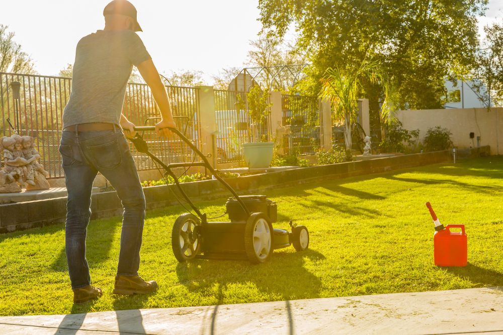 Man Mowing A Bright Green Lawn With A Push Mower On A Sunny Day — Northern Rivers Acreage Mowing in Pimlico, NSW