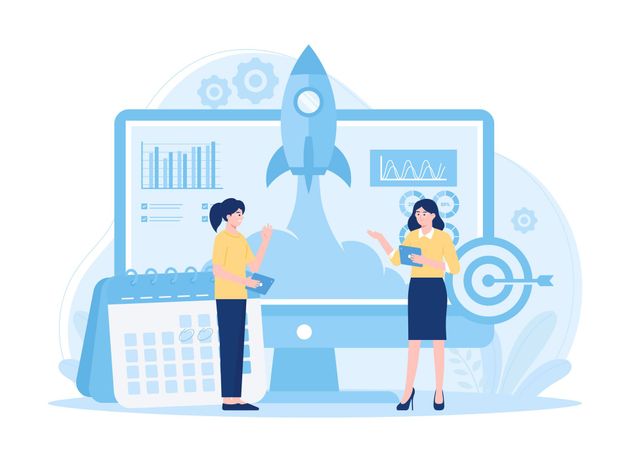Two women beside a computer with a rocket taking off.  Graphs, a calendar, and a target are shown.