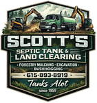 Logo for Scott's Septic Tank & Land Clearing. Green truck and excavators on a wooded background.