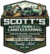 Logo for Scott's Septic Tank & Land Clearing. Green truck and excavators, with text, 