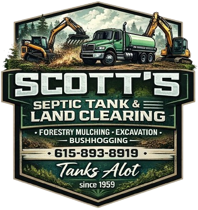 Logo for Scott's Septic Tank & Land Clearing. Green truck and excavators on a wooded background.