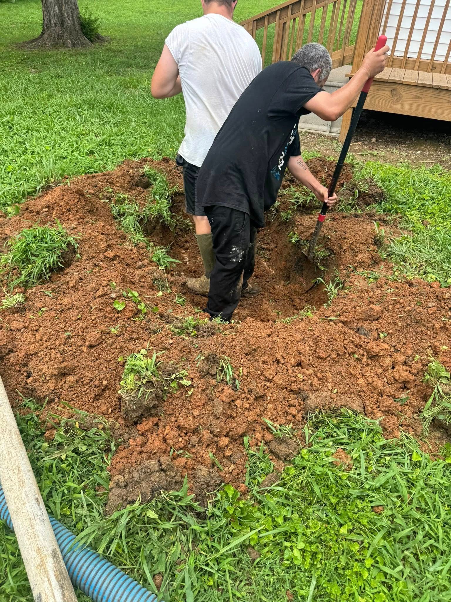 Two people digging a hole in the yard, one using a shovel. Green grass and dirt surround them.