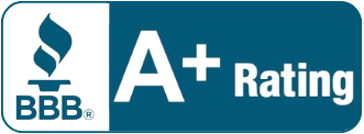 BBB A+ Rating logo. A flame logo in white and BBB logo on the left with A+ Rating on the right, all in a blue background.